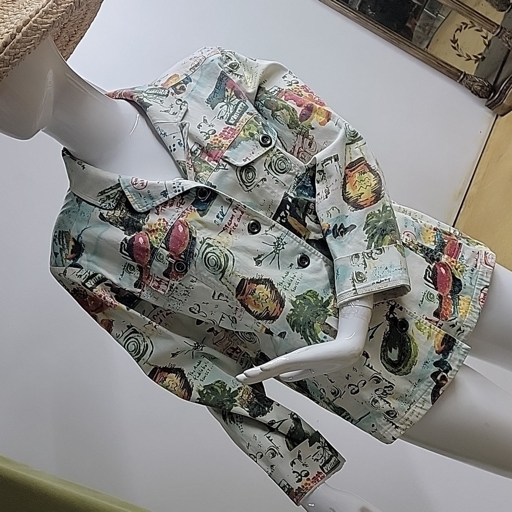 Chico's Art-to-Wear Pueblo Tribal Pots Artsy Funky Cotton Twill Jacket